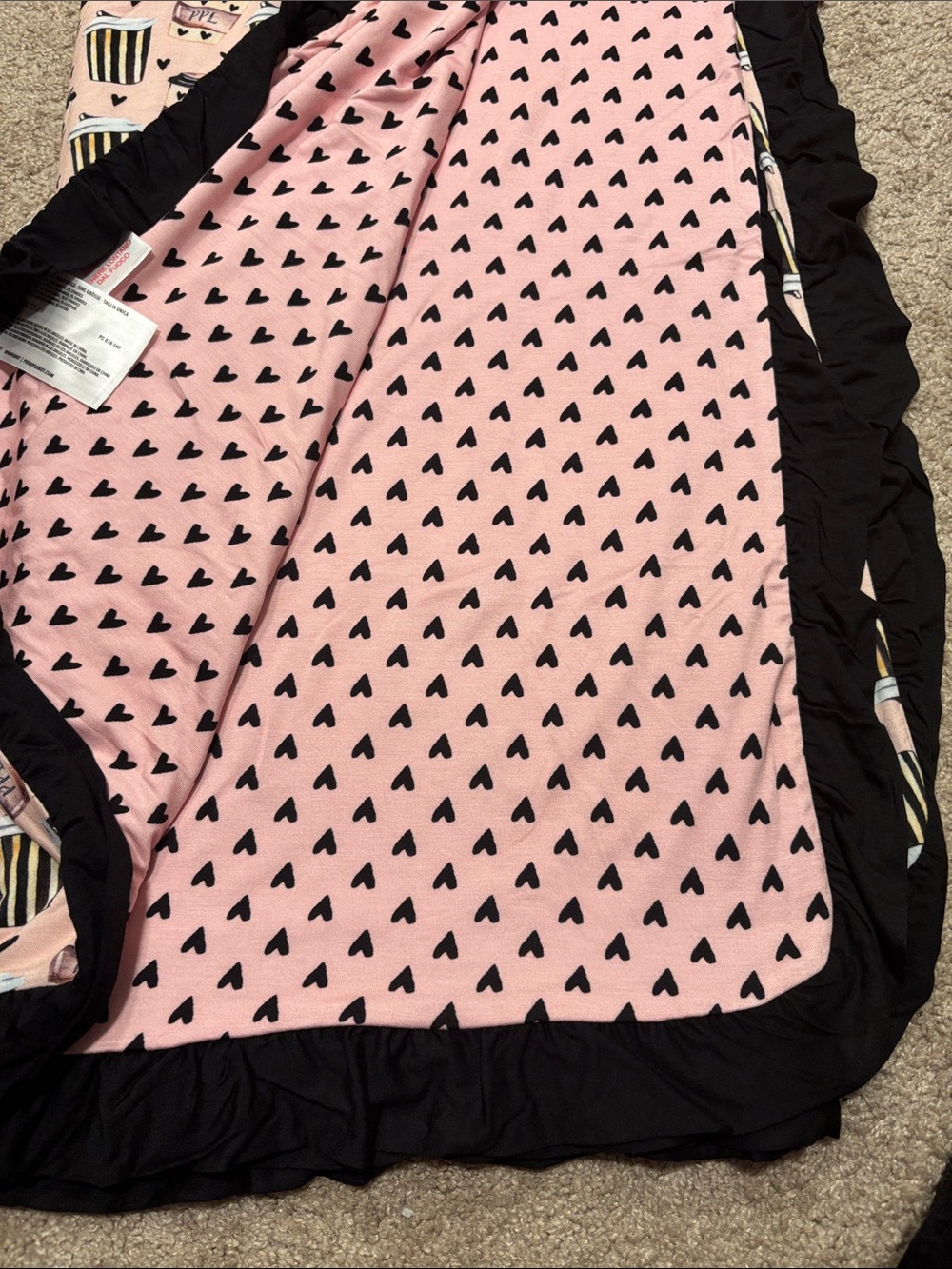 Posh Peanut Pink Coffee Cup Print Blanket with Black Ruffle - Picture 2 of 3
